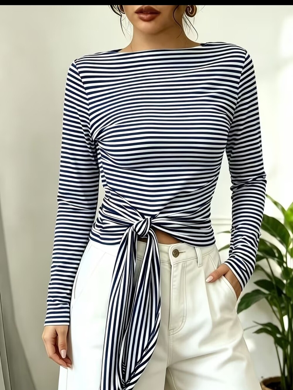 Easy Peasy Striped Navy and White Tie-Front Long Sleeve Top, So Soft And Comfy!